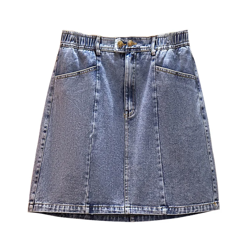 New 2022 Summer Plus Size Women Jean Skirt Large Size Korean A-line Blue Cotton Pocket Denim Mini Skirts 3XL 4XL 5XL 6XL 7XL