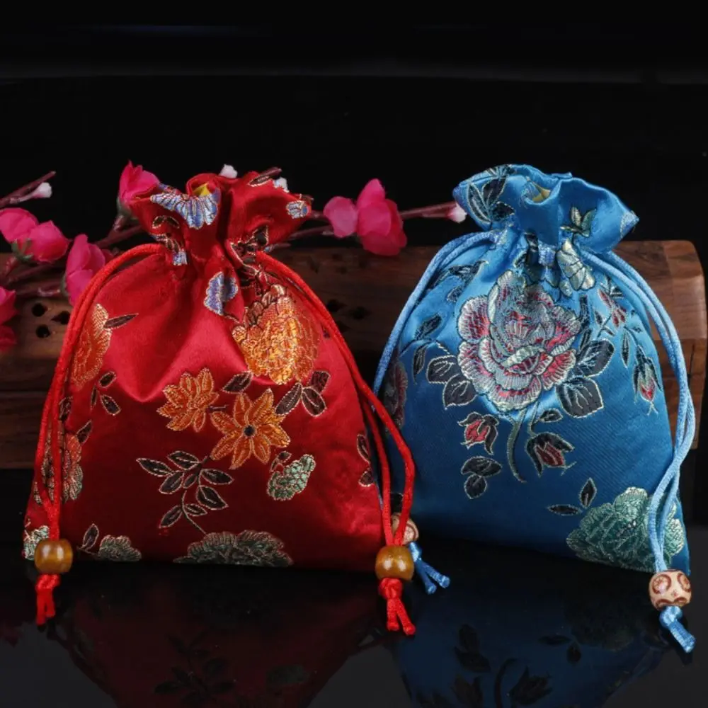 Floral Embroidery Flower Drawstring Bag Coin Purse Candy Bag Canvas Flower Handbag Bucket Bag Ethnic Style Jewelry Packing Bag