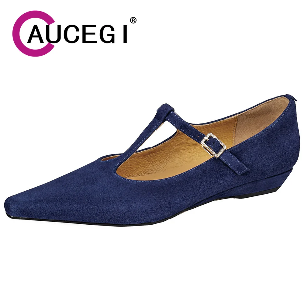 Aucegi 2026 Fashion Women Wedge Heels Pumps Small Square Toe Kid Suede Slip-On T-Strap Buckle Office Dress Mary Janes Shoes