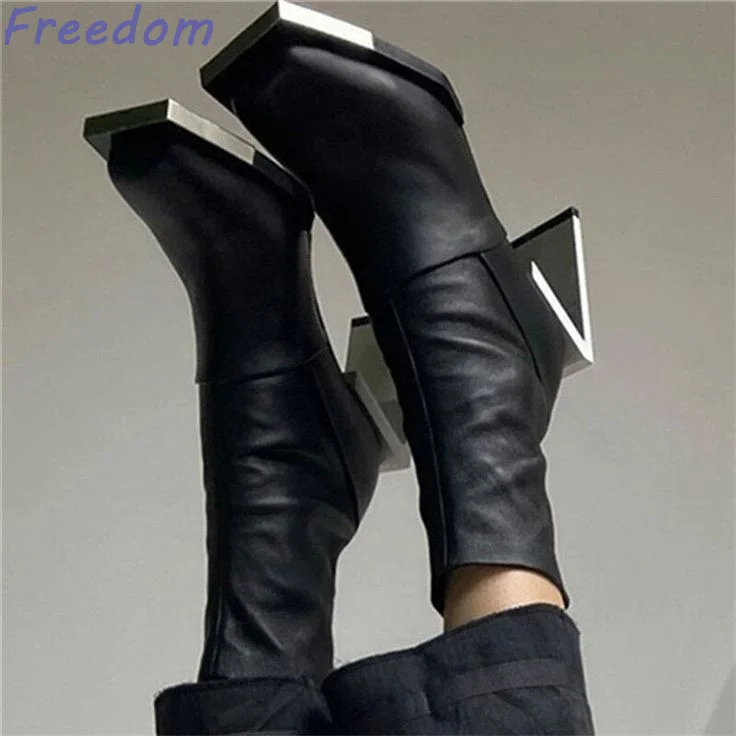 

Niche stretch boots women's new iron-topped metal square toe high heeled fashion fried street fashion boots