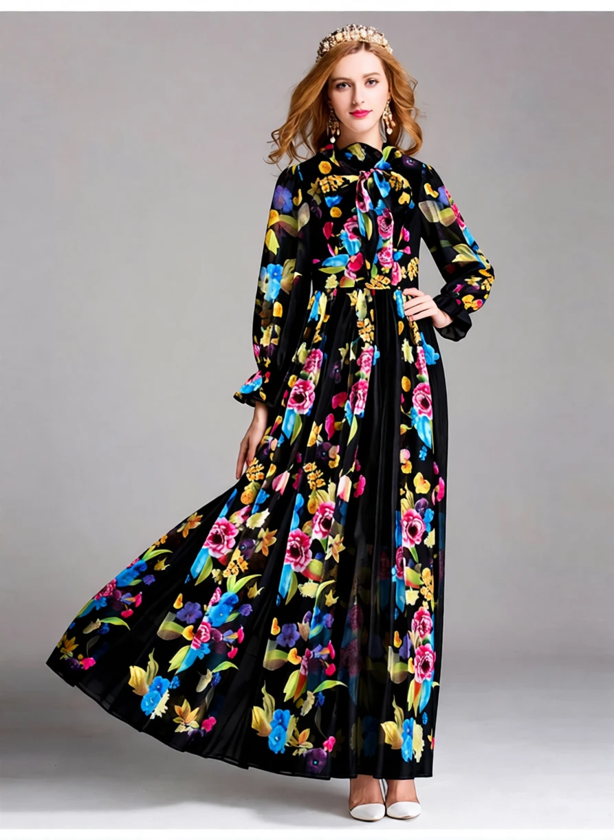 Damenkleid mit Schnürung, Schleifenkragen, langen Ärmeln, Blumenmuster, elegantes Maxi-Designer-Kleid