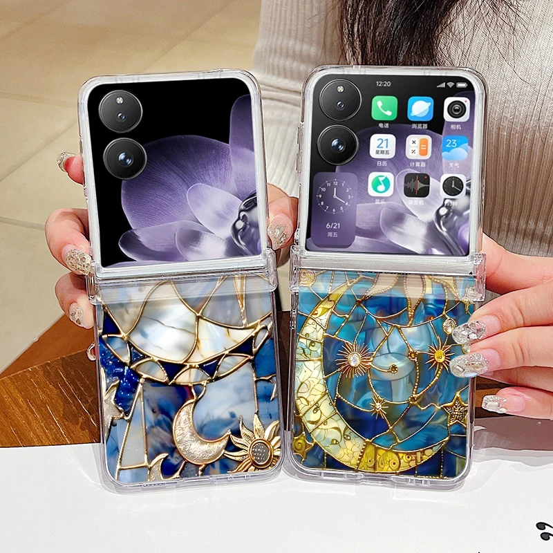 Retro Moon Star Pattern Phone Case For Xiaomi Mix Flip 2 Hard PC Protector Shell For Mi Mix Flip2 5G Clear Folding Back Cover