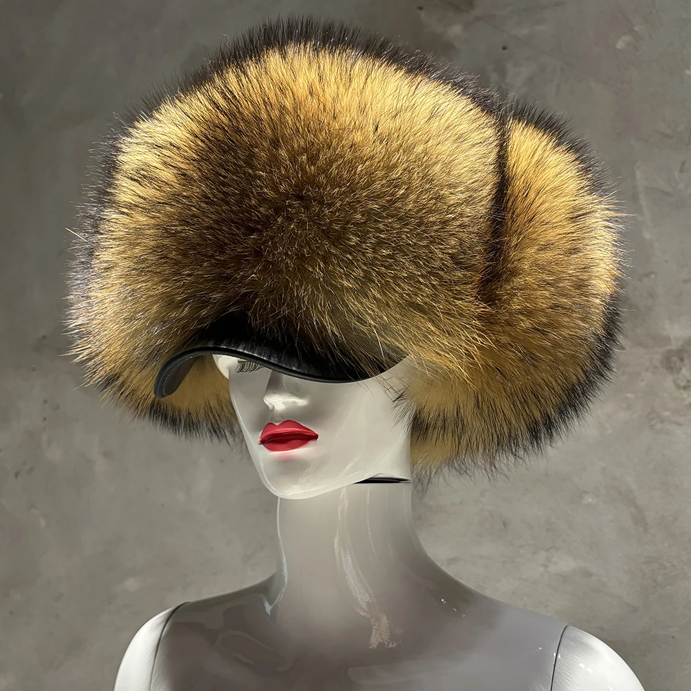 YOLOAgain Women's Natural Raccoon Fur Hat Russian Ushanka Hats Winter Warm Real Fox Fur Earflaps Bomber Hat