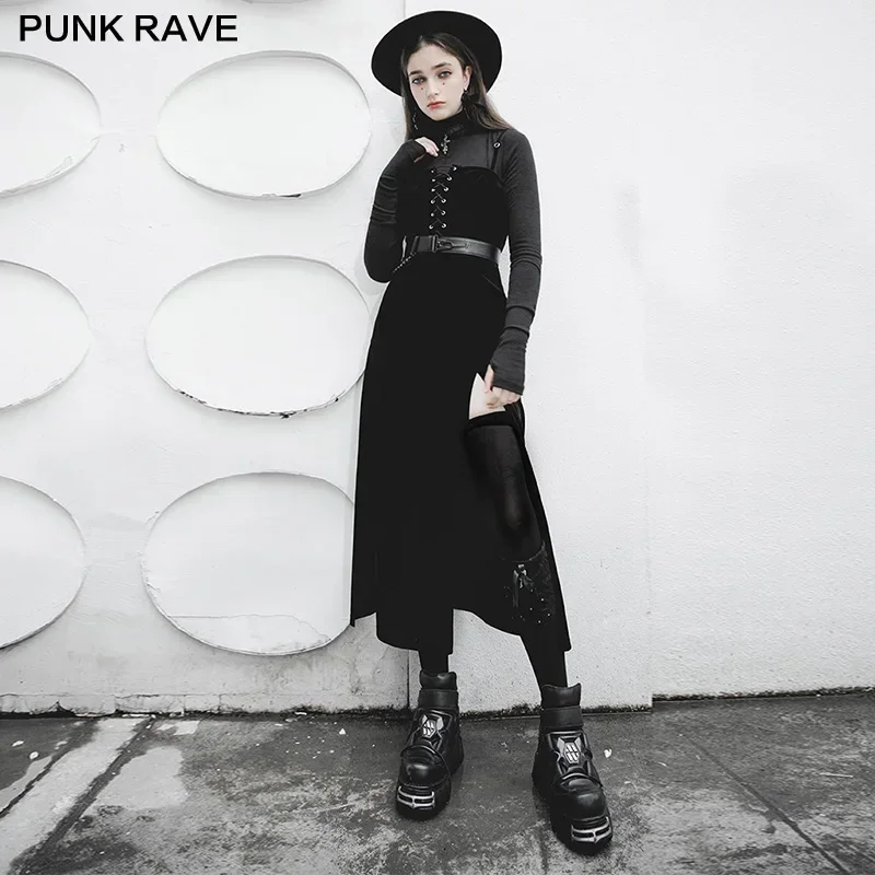 PUNK RAVE Women\'s Punk Metal Buttons Black Sling Casual Workwear Dress Street Style Velvet Suspender Double High-waisted