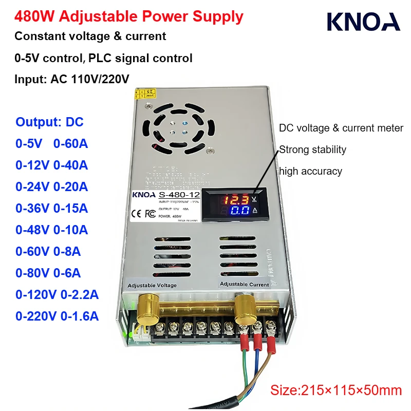 480W Digital Display Power Supply Adjustable 0-5V 12V 24V 36V 48V 60V 80V 120V 160V 220V AC to DC 0-5V/PLC Analog Signal Control