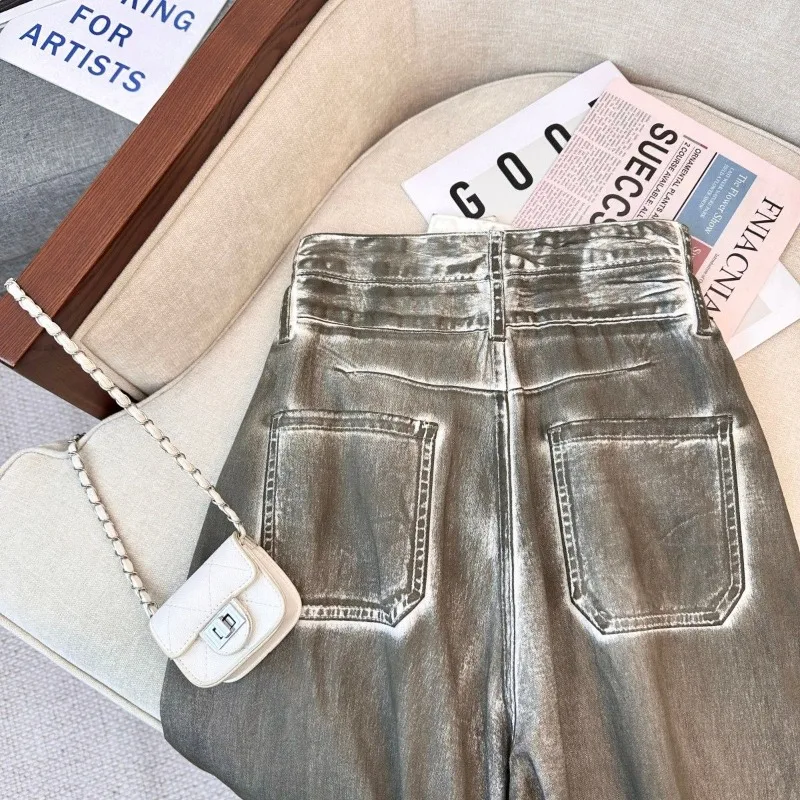 Primavera spice girl jeans de perna larga design infantil sentido solto mancha e fino versátil calças de chão reto estilo americano