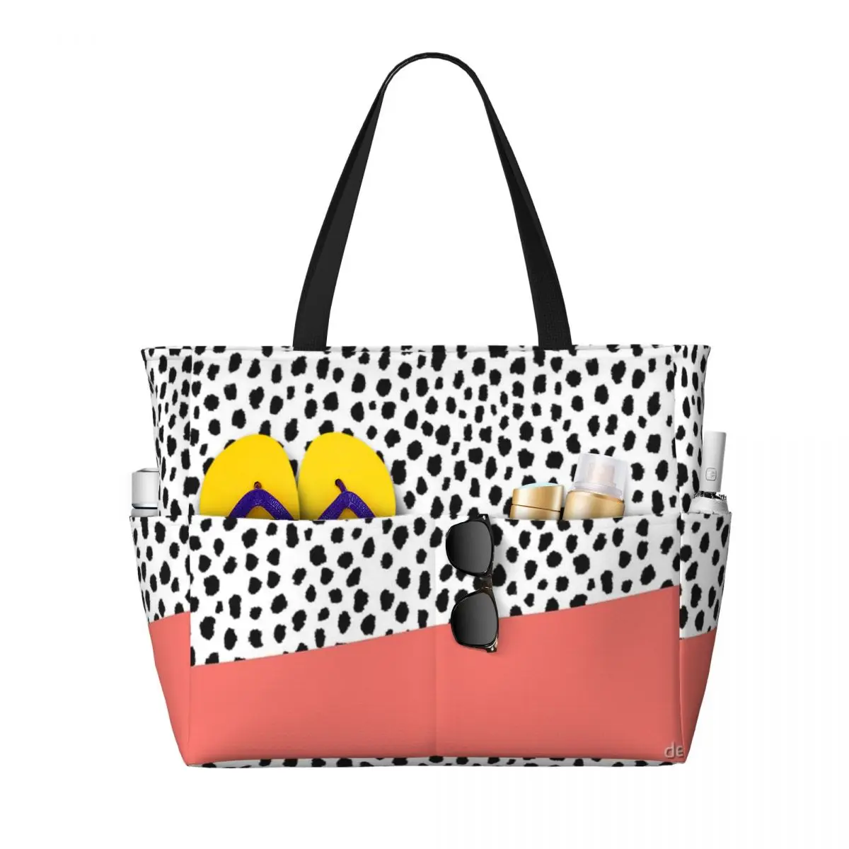 Dalmatian Spots With Coral Stripe Beach Travel Bag, Tote Bag Trendy Large Capacity Out Shoulder Bag Multi-Style Pattern