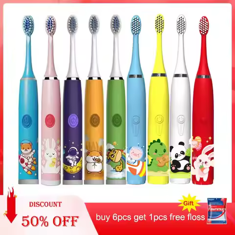 Child's USB Sonic Electric Toothbrush Rechargeable Colorful Cartoon Brush Kids Automatic IPX7 Waterproof With Replacement Heads