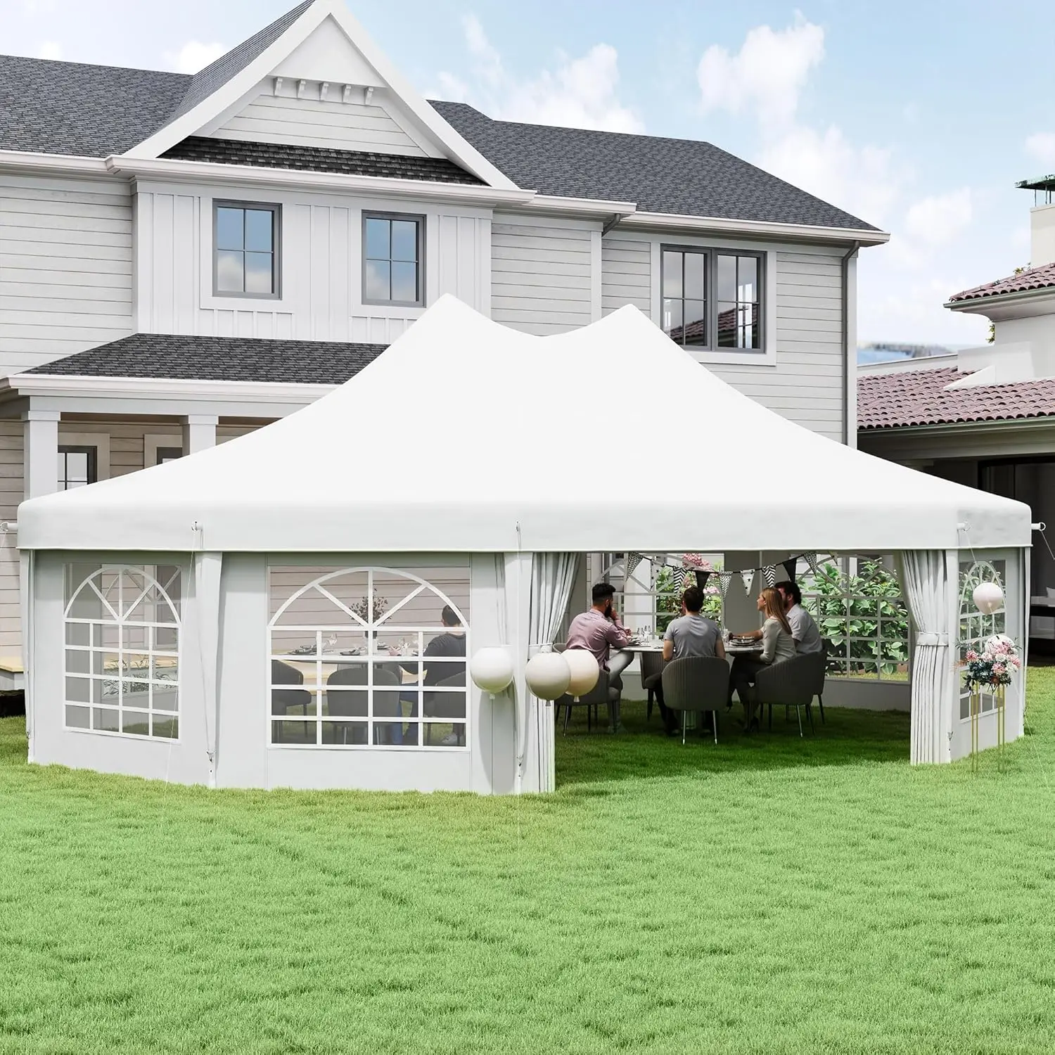 

29 x 21 ft Party Tent, Outdoor Wedding Tent with Sidewalls, 2 Doors and 8 Windows for Party, White, Customized