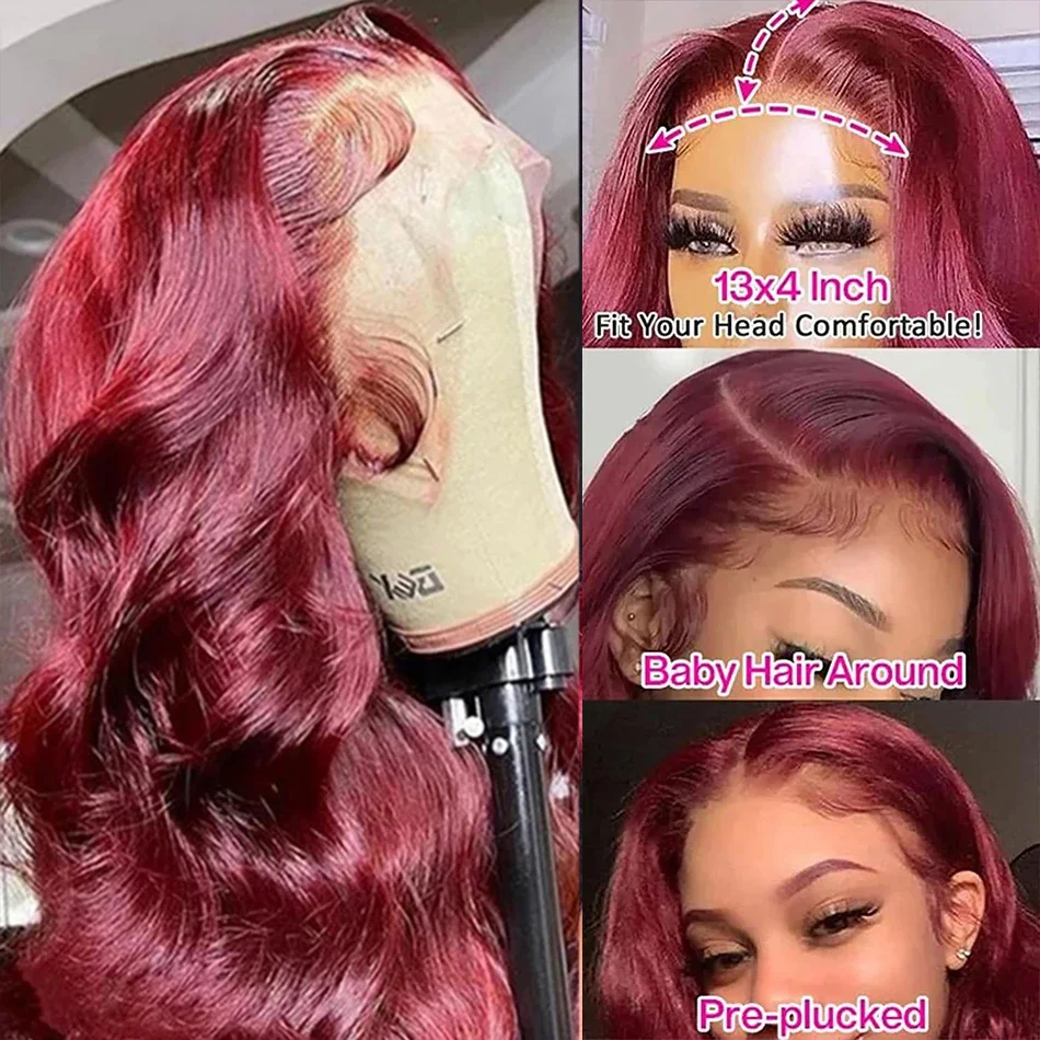 Perruque Lace Front Wig Body Wave Naturelle, Cheveux Humains, Couleur Bordeaux 99j, 13x6, 13x4, HD, Pre-Plucked, Transparente, pour Femme