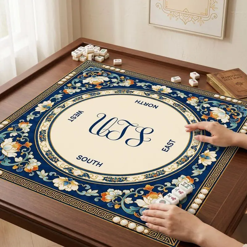 VIKAMA Enamel Lotus Monogram Mahjong Mat Pearl Trim Non Slip Pad Zoned American Mahjong Desktop Cover