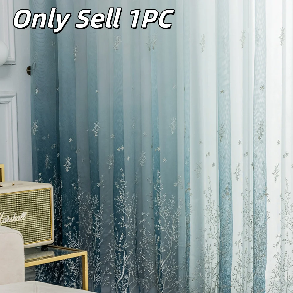 1PC Modern Minimalist Gradient Plant Pattern Curtain, Semi-Transparent Flowing Texture, Rod Pocket Design, Easy Installation