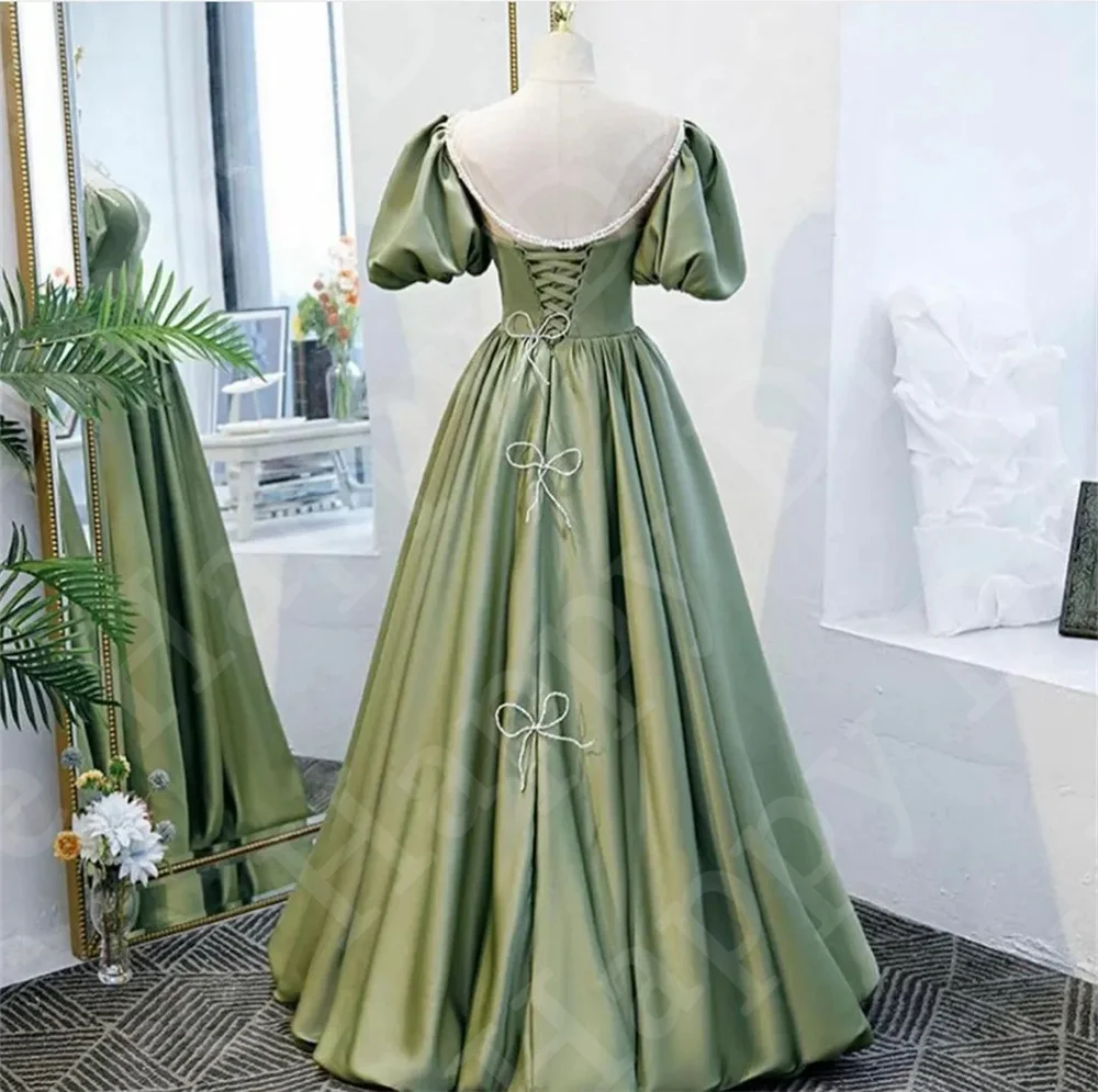 Groene Prinses Quinceanera Jurk Kralen Poff Korte Mouwen Veters Bace A-Lijn Satijnen Prom Avondjurk Vrouwen Trouwjurk Feestjurk