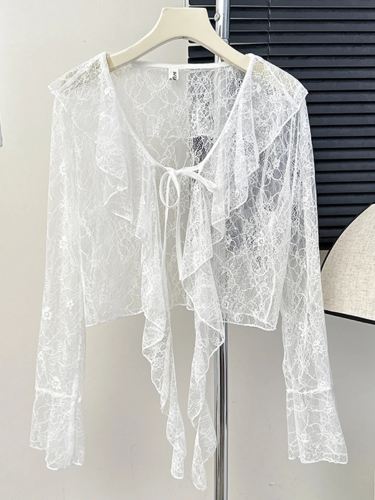 Summer French Sweet Lace Shirt Sunscreen Cardigan Women's 2024 High Quality Hollow Hook Lace-Up Ruffled Thin Long-Sleeved Blouse