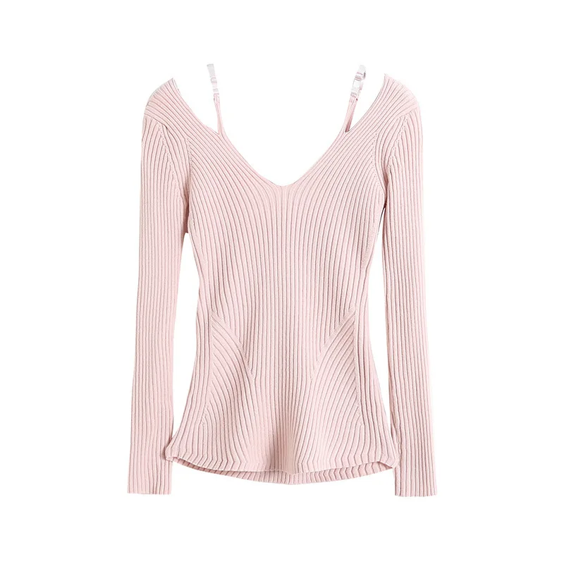 Kpop Korean 2023 New Spring Summer Sexy Sling Sweater Woman V-Neck Pullover Hollow Knitted Tops Female Casual Fake Two Sweaters