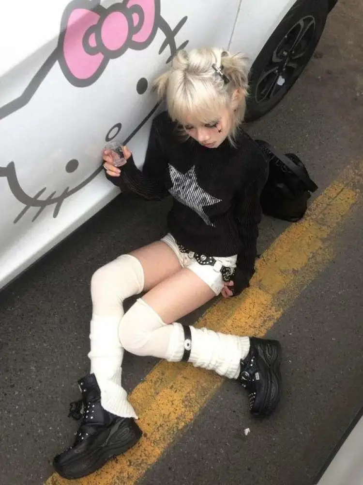 Genayooa Y2k Retro T Shirt Women Print Stars Crop Tops Streetwear Vintage Tops 2000s Japanese E-girls Autumn Winter Tshirts