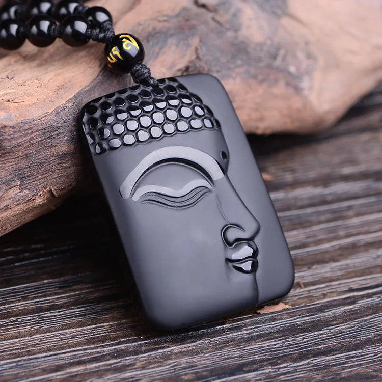 Natural obsidian pendant, Buddha half-faced Buddha pendant sweater chain
