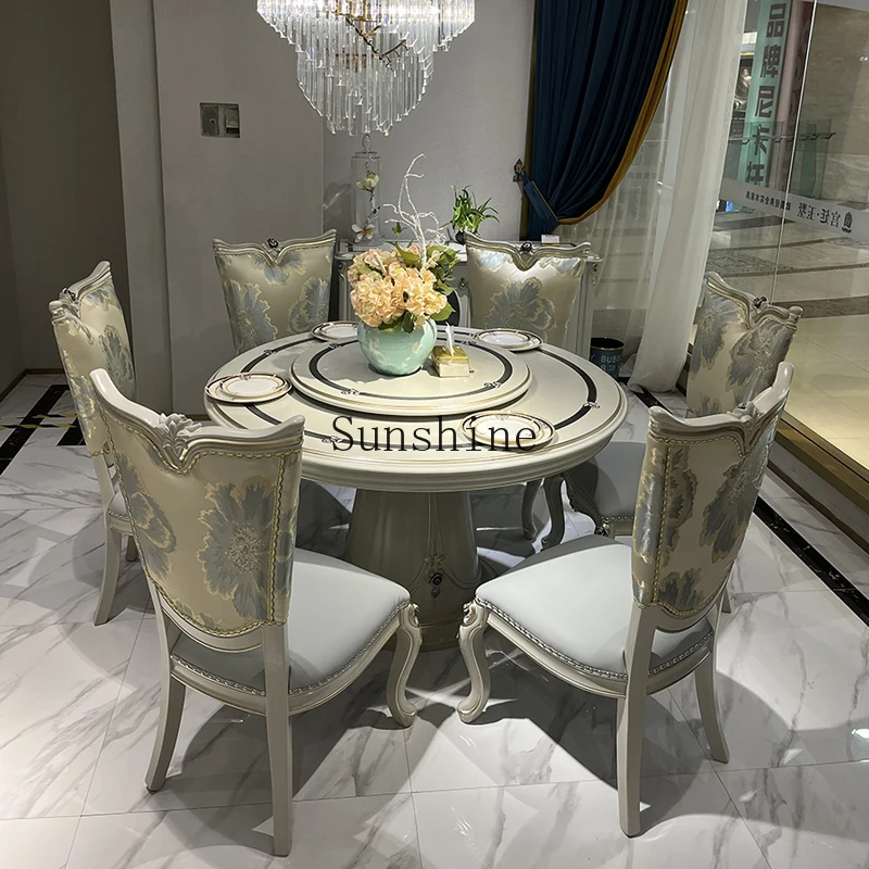 

European light luxury style round dining table and chairs combination villa large apartment with turntable furniture