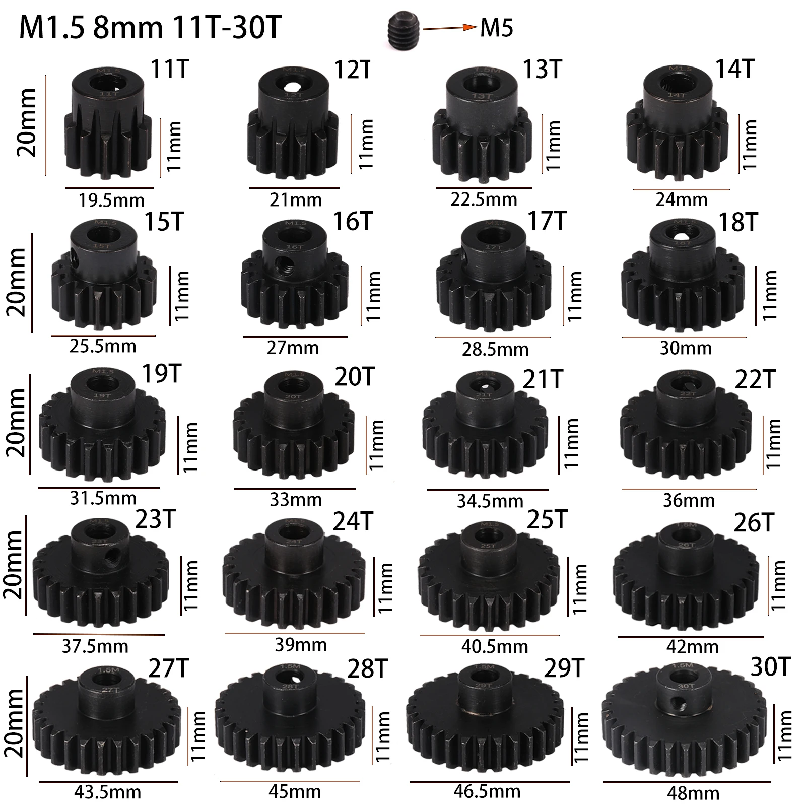 Shaluoman M1.5 8mm Motor Gear 1 PCS 11T-14T 15-17T 18T-20T 21T-30T Blcak Hardened Steel Metal Pinhão para 1/5 RC Model Car Parts