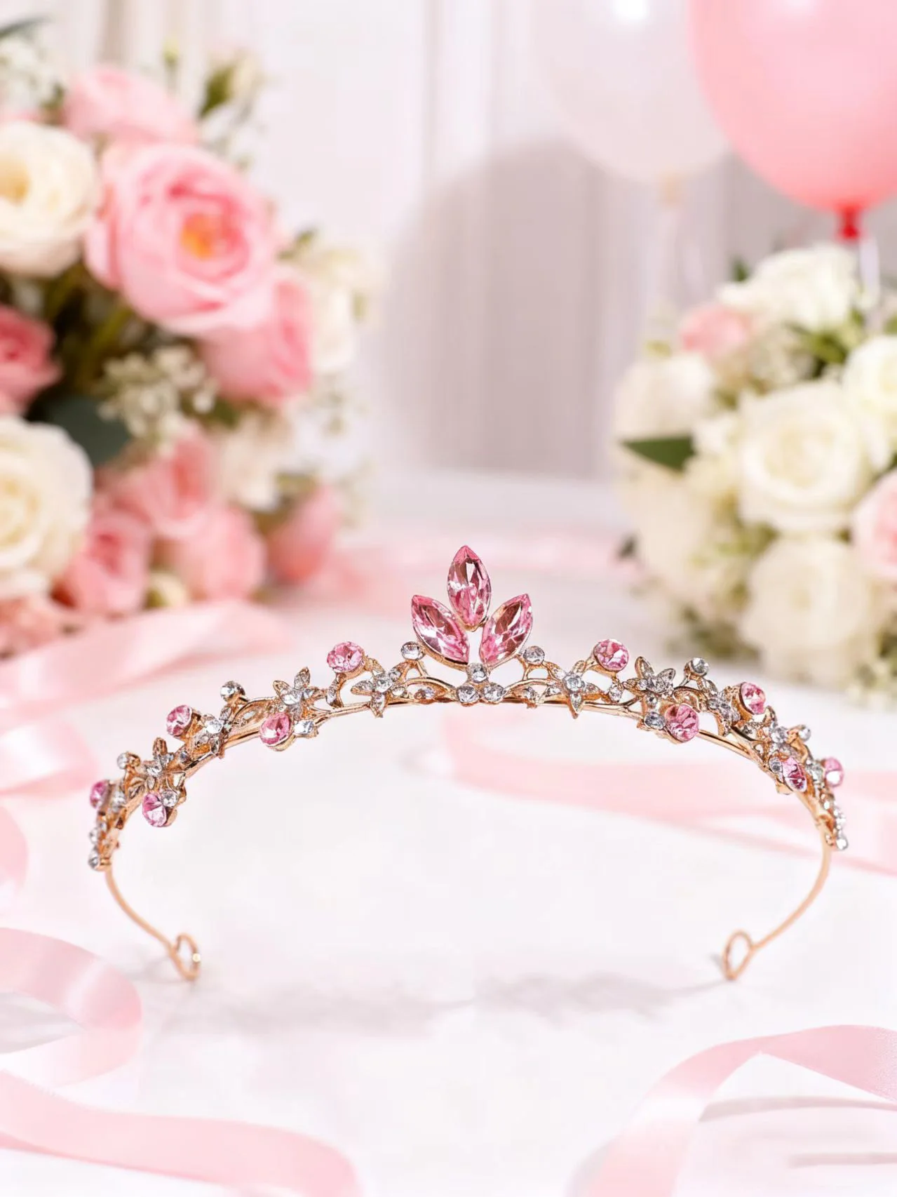 Light Luxury Pink Rhinestone Crown, Gold Leaf-Shaped Crown for Girls' Birthday, Bridal Wedding Dress Princess Hair Crown Headpiece image 4
