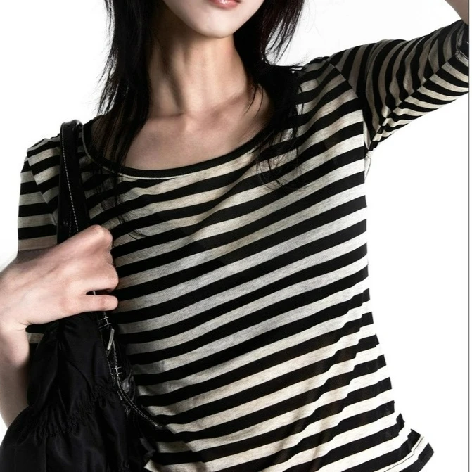 

Slim Fit Striped Contrasting T-shirt with Fhalf Sleeves Micro Transparent Top for Women