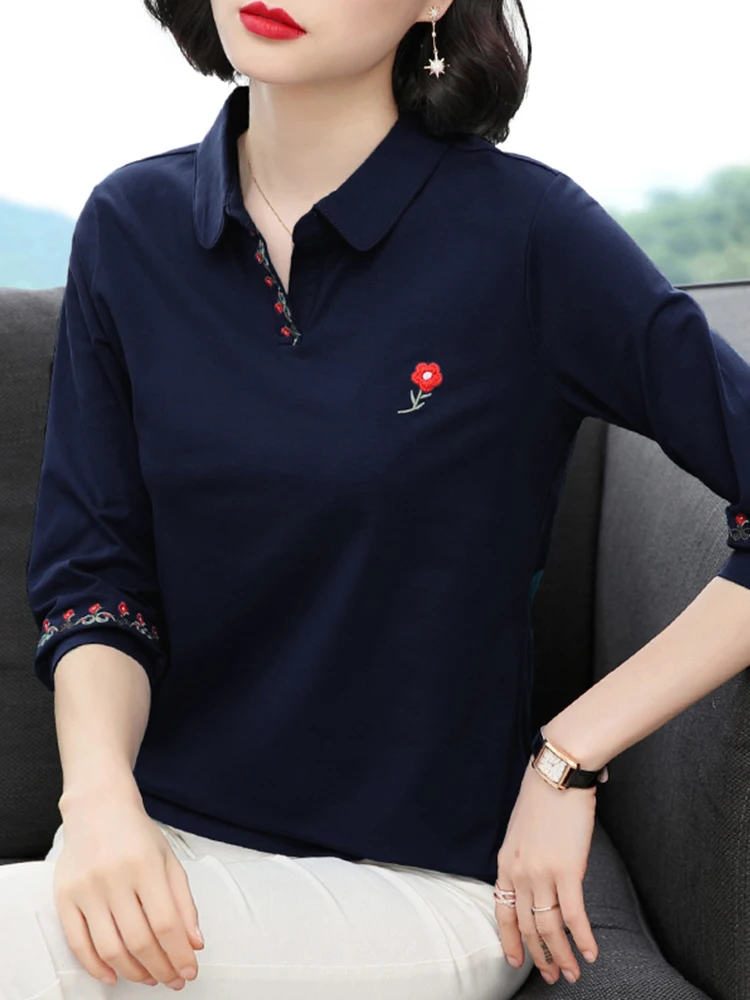 

Ele Cotton Blend T-irt Ethnic Sle f Sve Collar Top for Middle-Aged Women Comfortable Breathable Spring Aut...