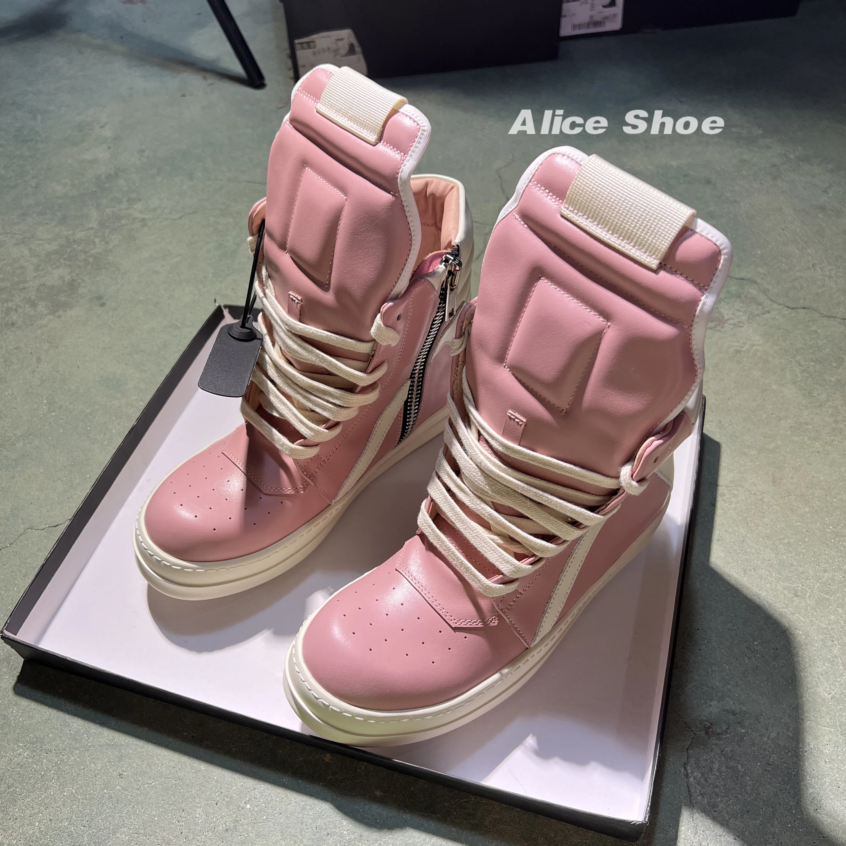 Brand Men Shoe Casual High Top Women Sneaker Leather ricks Lace Up Pink Geobasket Zip Owen Street Designer Flat Ankle Boot