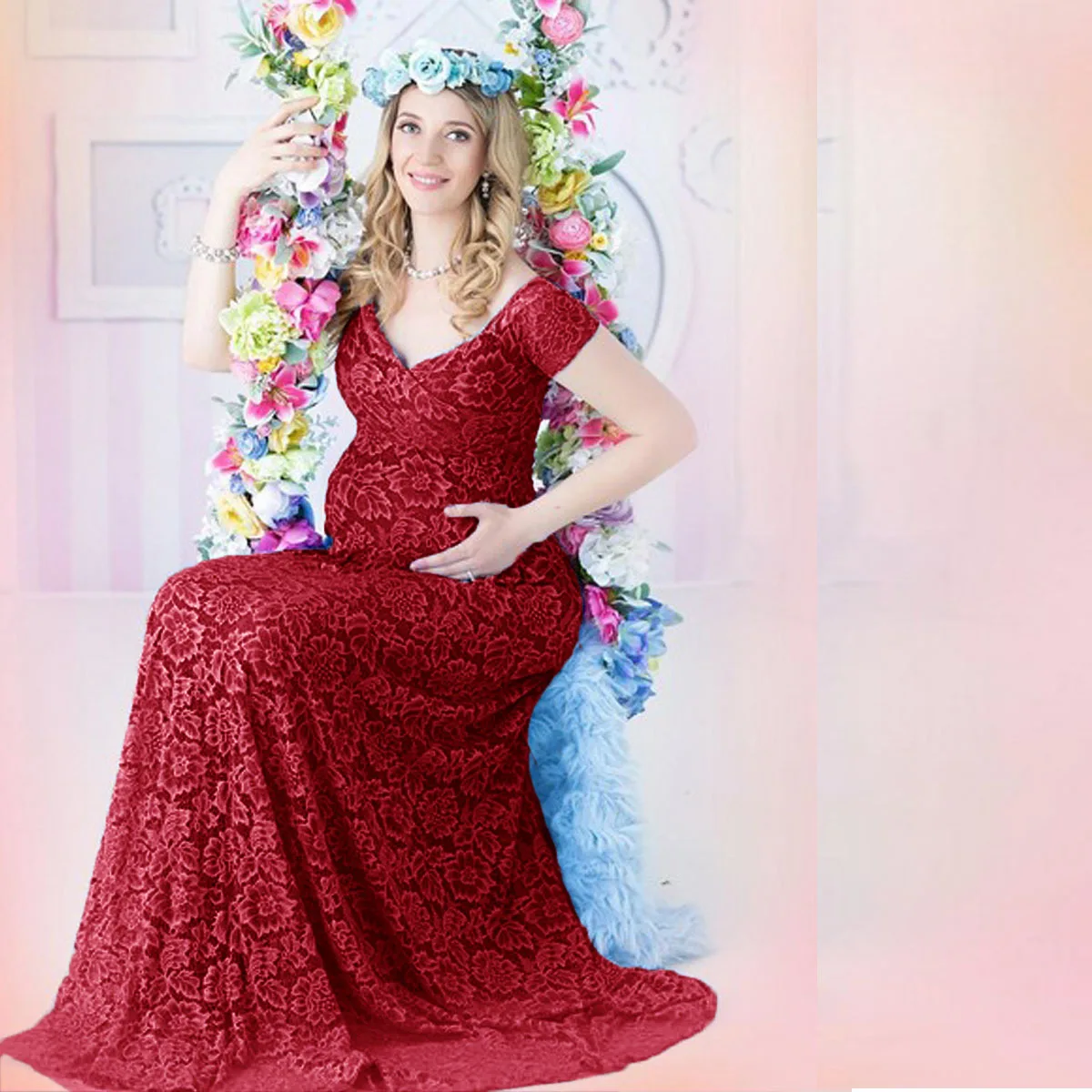 

Европейско-американское кружевное платье макси для беременных с коротким рукавом и шлейфом, для фотосессий, с рукавами-крылышками, для молодежной фотосъемки беременных