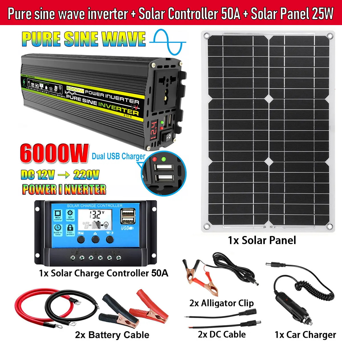 6000W Solar Power Generation System Power Inverter with Smart LCD Display Dual USB 12V To 220V with 30A/50A Solar Controller Set