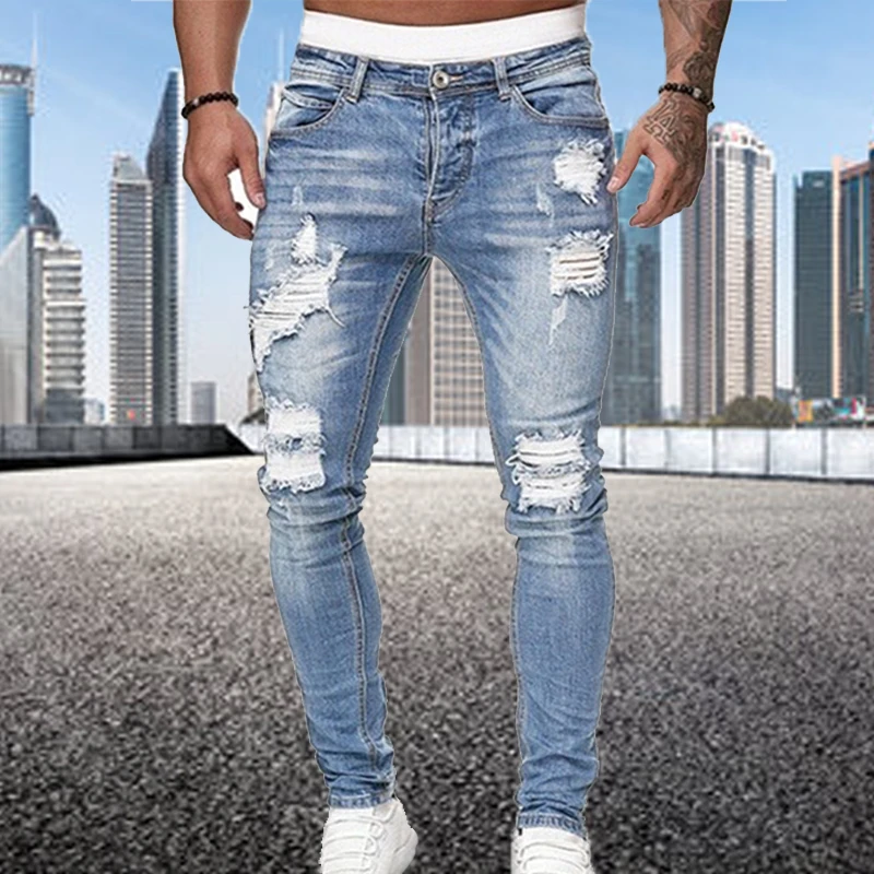 Fashion Men Stretchy Ripped Skinny Jeans Destroyed Hole Slim Denim High Quality Hip Hop Black Jean Streetwear Cowboy Trousers