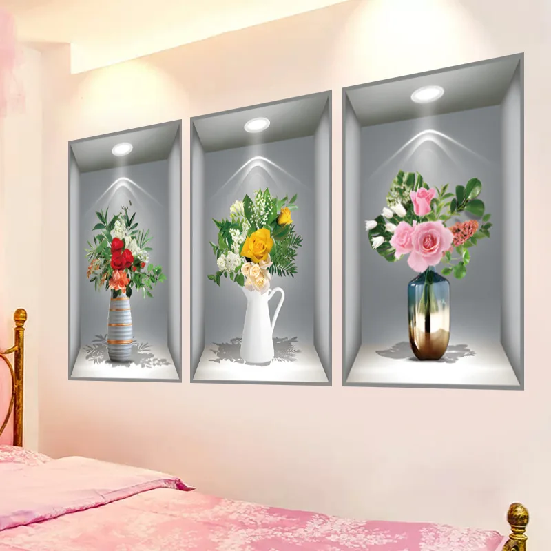 3d flower vase wall sticker home decor self adhesive living room wall art decal bedroom