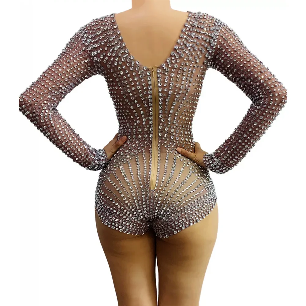 セクシーな透明ボディコンジャンプスーツバーナイトクラブポールダンスタイツファッション薄手のラインストーン女性パフォーマンス衣装ショー着用