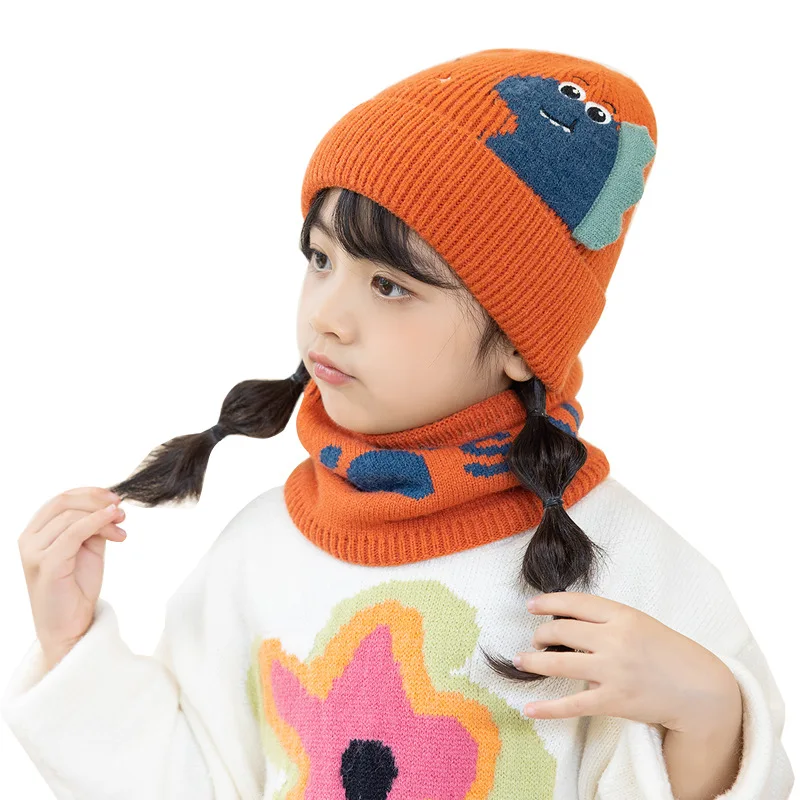 

Winter Kids Hat Neck Bib Set Thick Warm Knit Hat Cartoon Baby Boys and Girls Pullover Beanie