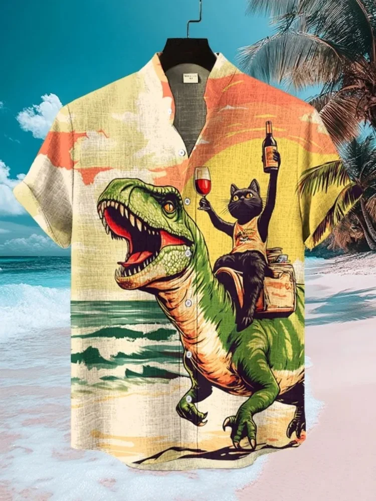 

Men's Fashion Blouse Vintage Surreal Art Dinosaur And Black Cat Printed Vacation Short Sleeve Shirt Stand Collar Buttons Tunics