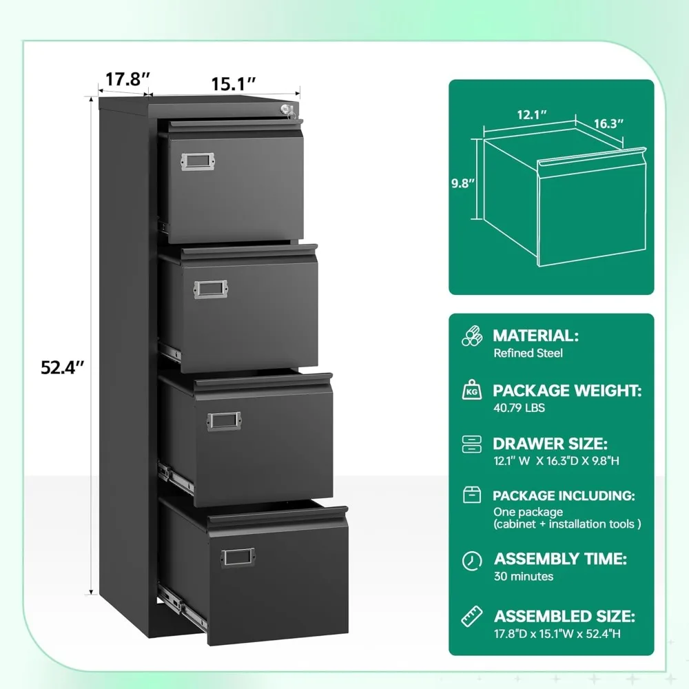 Archivador de Metal con cerradura, archivador de 4 cajones para oficina en casa, almacenamiento A4/F4/Carta/ensamblaje Legal requerido