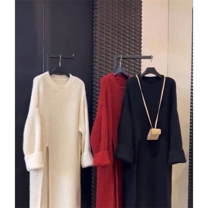 

European Style Design with a Split New Year's Robe, Unique and Exquisite Knitted Dress, Women's Early Spring Sweater, Long Skirt