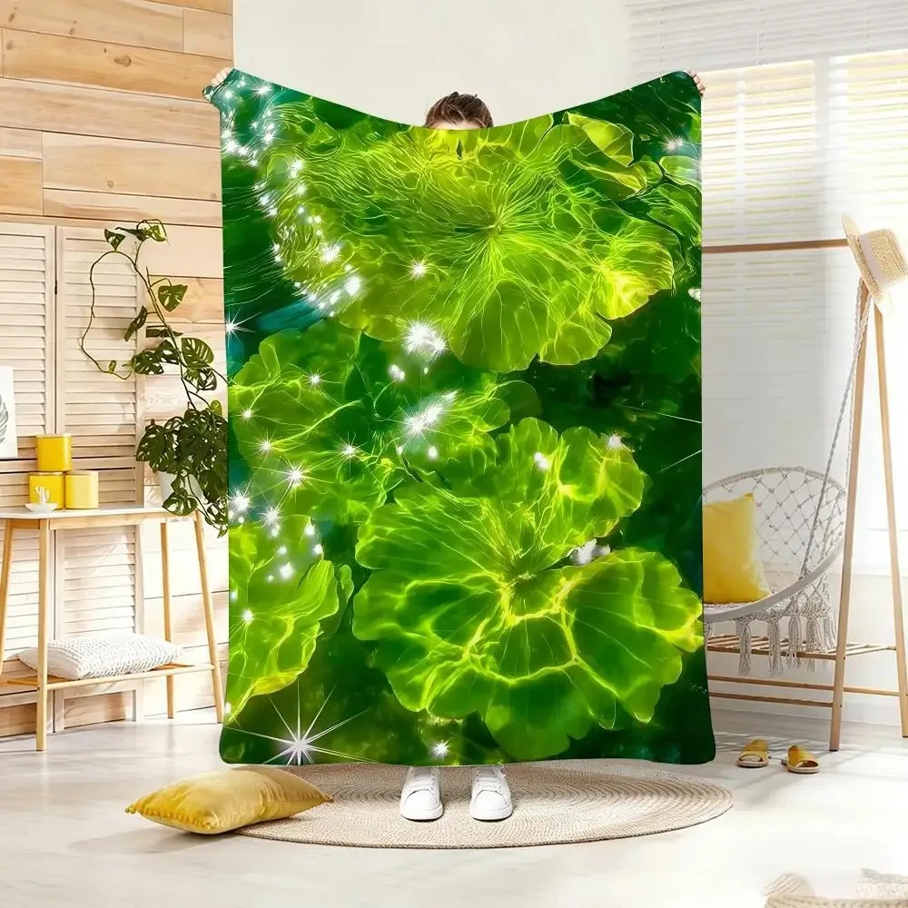 Sparkling Green Leaf Throw Blanket  Luminous Foliage Nature Botanical Art Decor for Sofa Bedroom Blanket