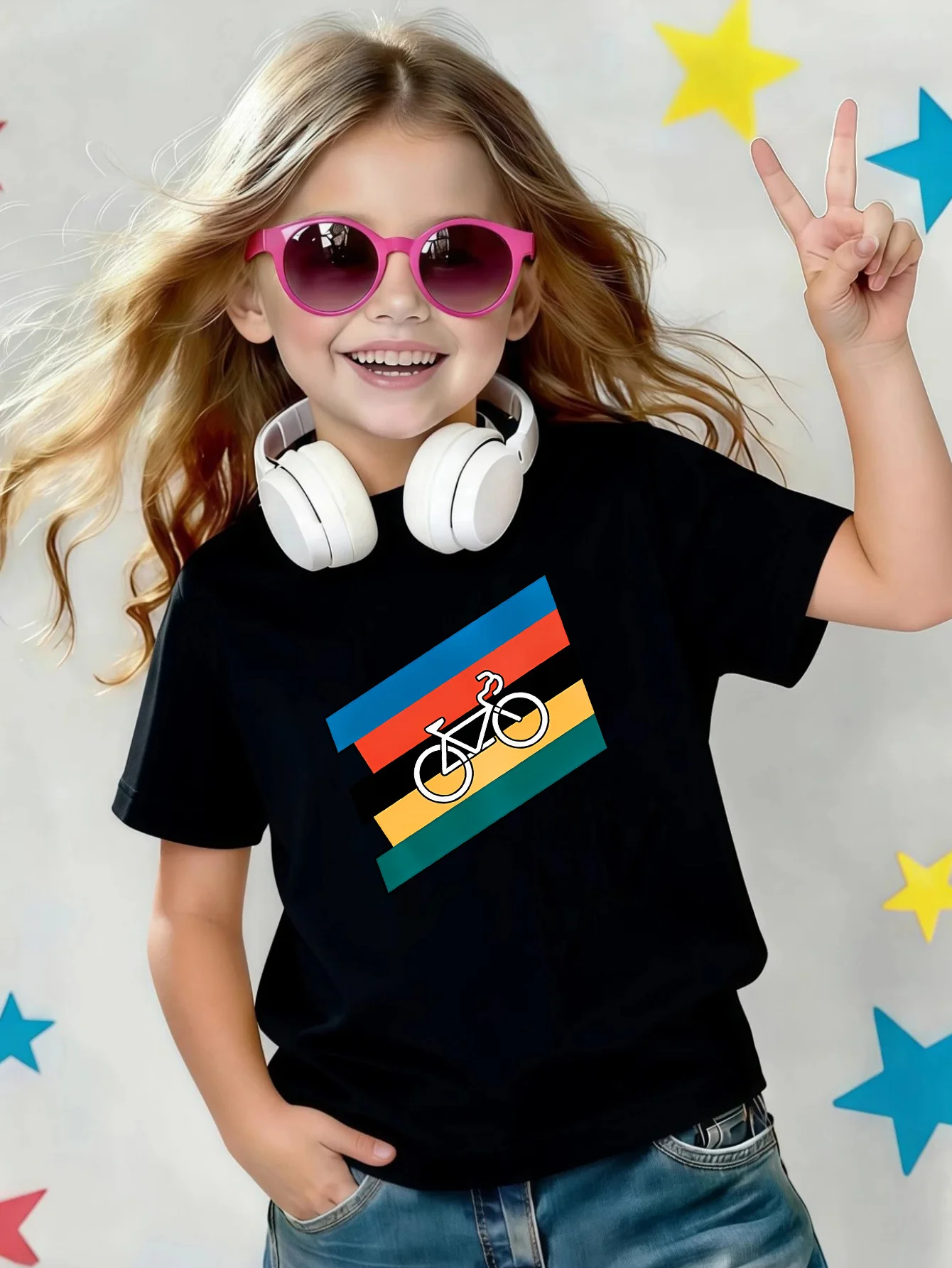 Color Stripes Bicycle Minimalist Print Kids T Shirt Boys Girls Cotton Short Sleeve Parent Child Fashion Daily Casual Basic Tee