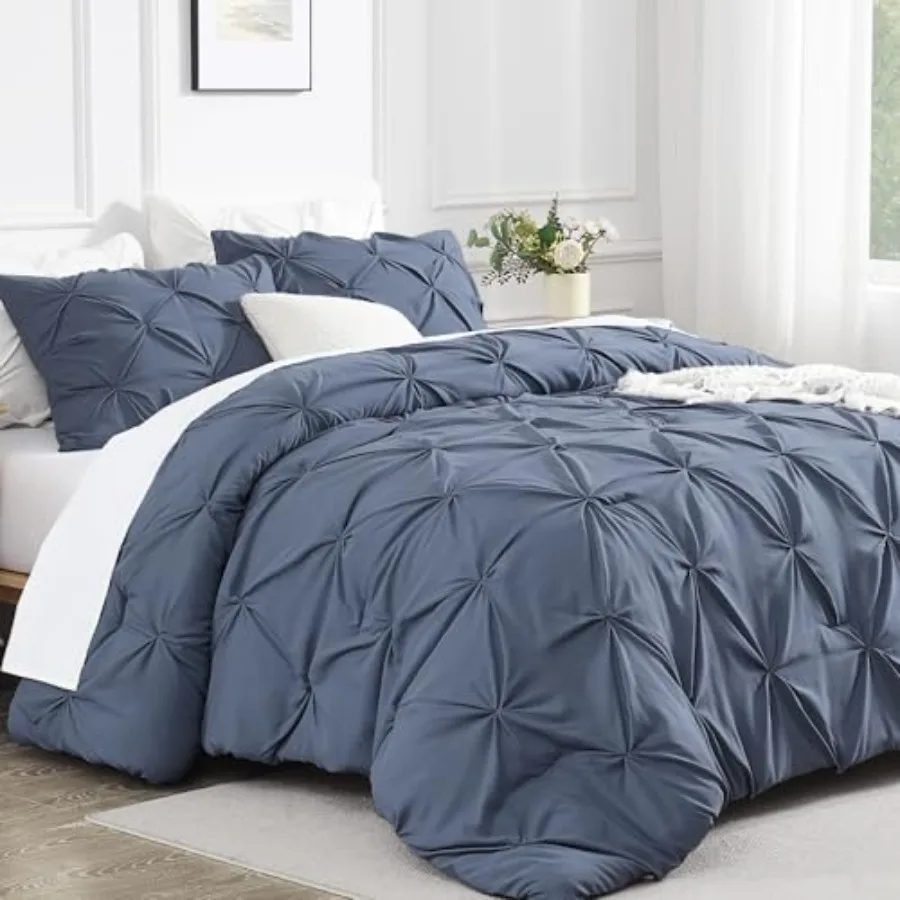 

Dark Blue Grey Queen Comforter Set 3 Piece All Season Decorative Pintuck Bedding Comforter Sets Dark Blue Grey Soft Microfiber