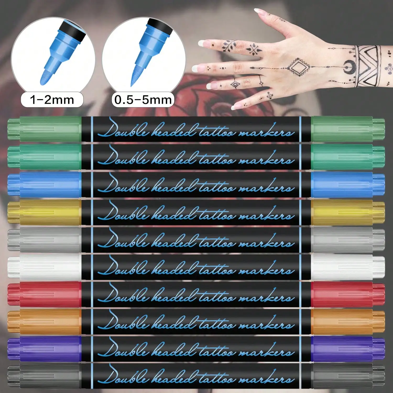 Pluma de tatuaje de 10 colores, marcador de tatuaje temporal de doble cabezal, marcado corporal Flexible, kit de maquillaje Facial respetuoso con la piel
