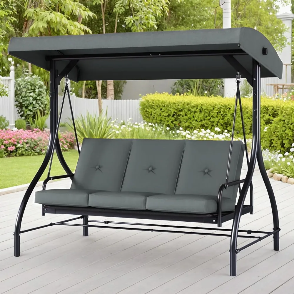 

3-Seat Patio Swing with Adjustable Canopy & Backrest, Outdoor Porch Swing Chair for Adults, Outside Porch Converting Bed Thicke