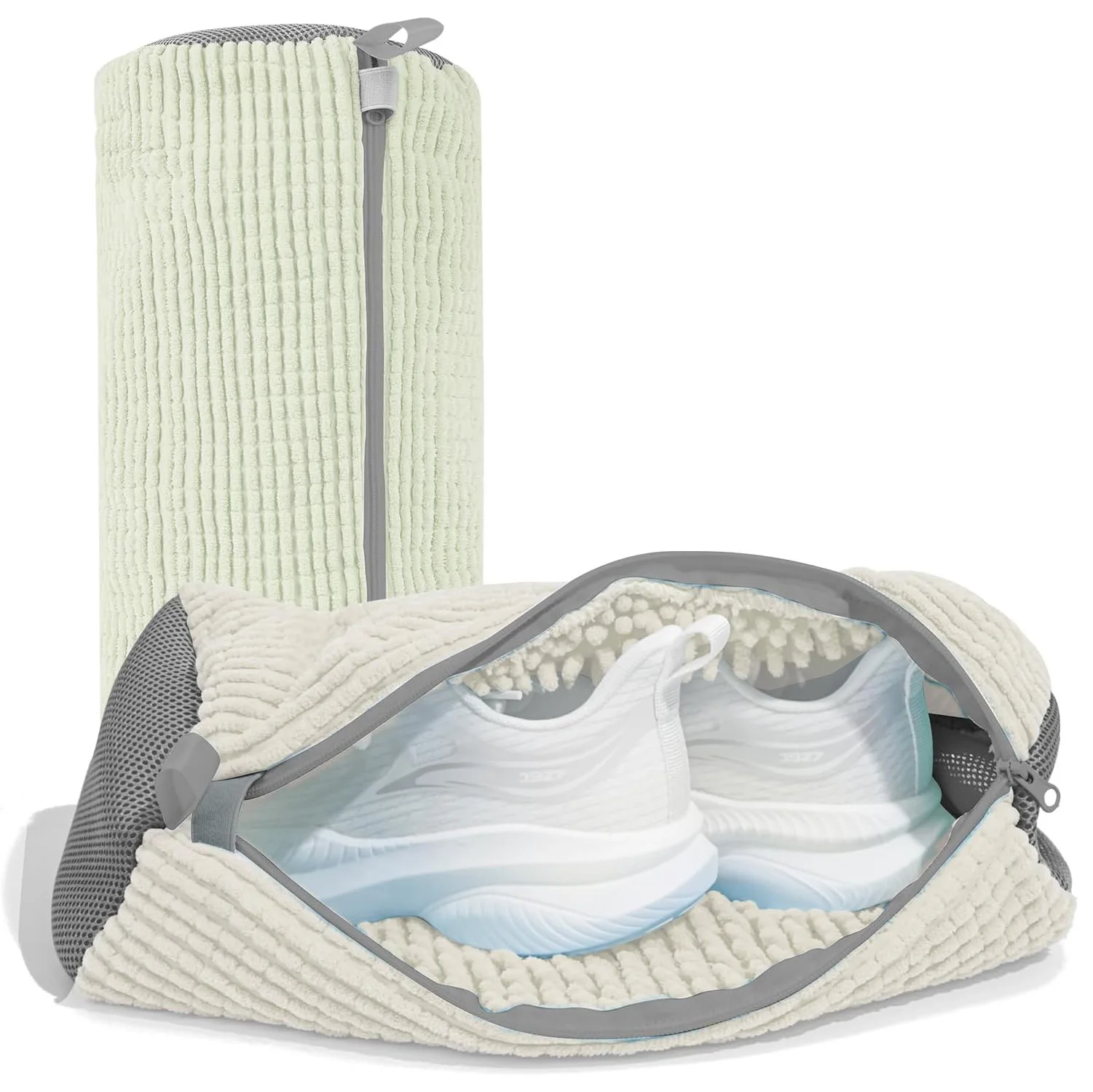 أكياس الغسيل حقيبة غسالة الأحذية - مع حقيبة غسيل بسحاب مع زغب غني بالداخل، مثالية للأحذية الرياضية مع فرشاة للأحذية