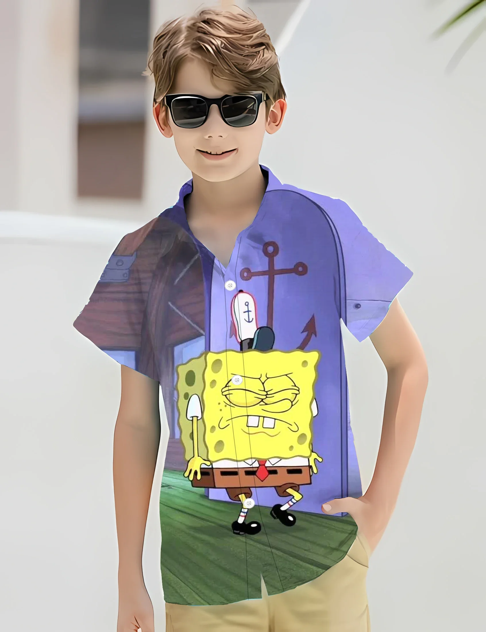 3D Funny Spongebob Squarepants Shirts For Children Casual Clothes Streetwear Blouses Cartoon Y2k Lapel Blouse Button Tops 