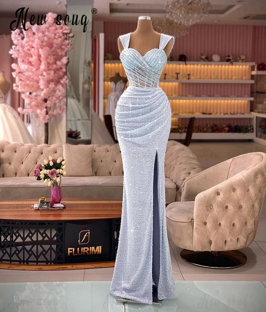 Saudi Arabia Light Blue Beaded Sequin Party Dress Square Neck Side Slit Beautiful Luxury Celebrity Gown Evening Dress Customized