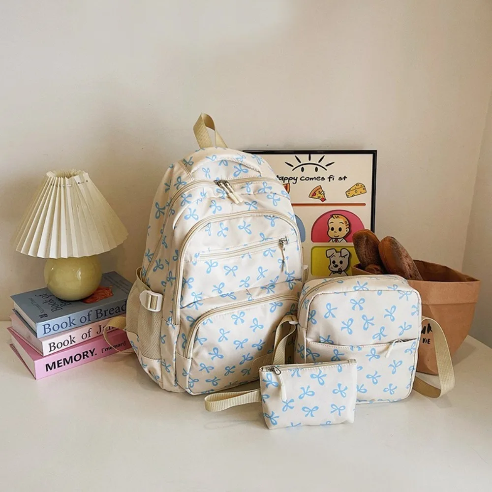 3 Pcs/Set Fashion Large Capacity Bow Backpack Nylon Bow Print School Bag Adjustable Strap Student Backpack