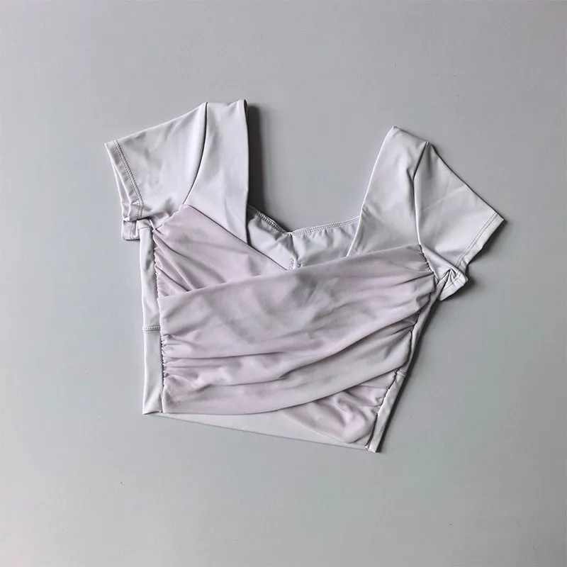 Damen Yoga Sporttops Mesh Beauty Back Schlankmachende Kurzarm-T-Shirts mit festen Cups für Pilates-Training und Fitness – Detail 8