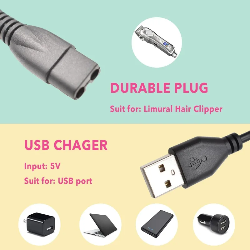 Cargador USB Compatible con cortapelos, Cable de carga de repuesto, Cable de alimentación para hombres