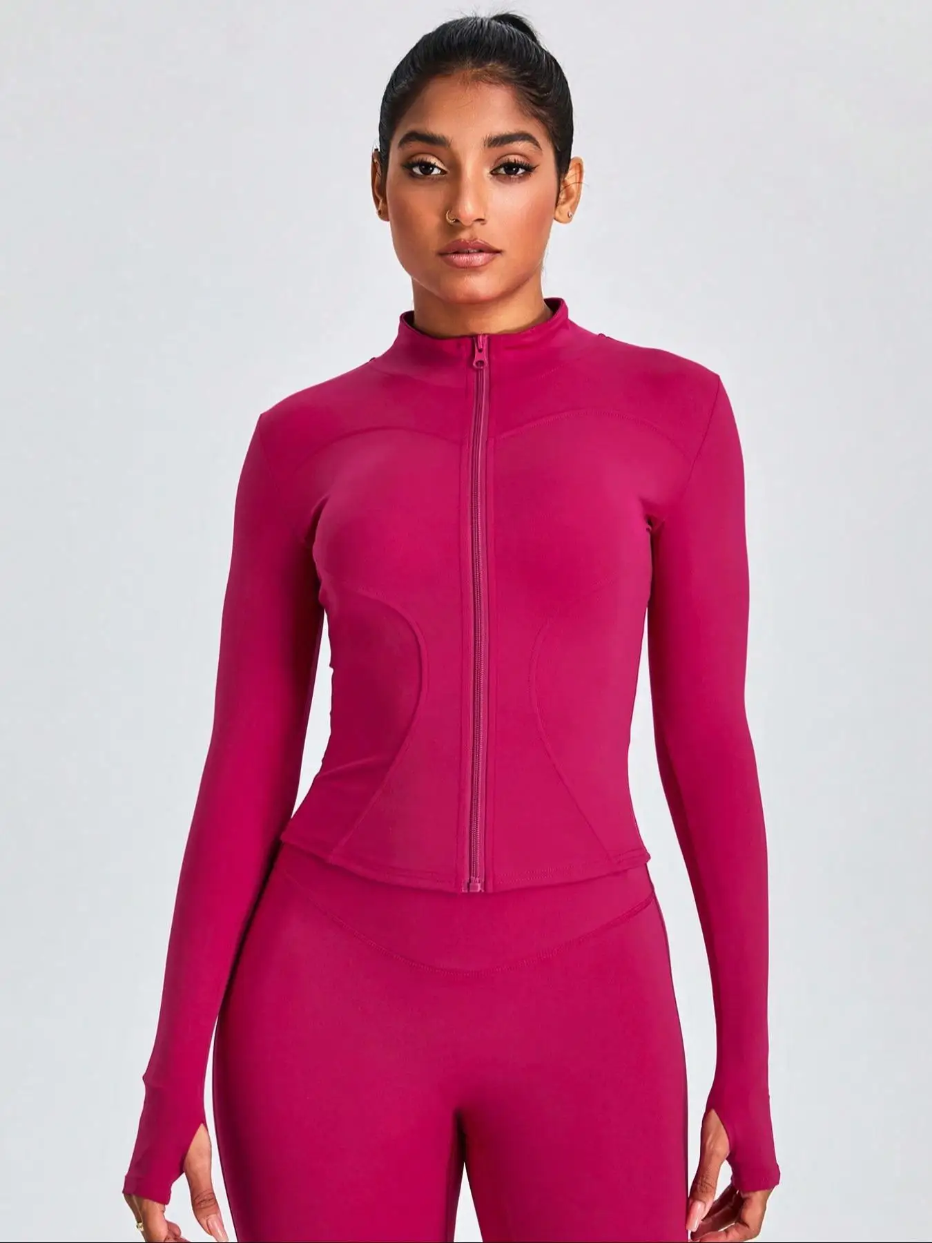 Fitfemme Two-piece Set Women's Solid Zip UpMock Neck Sports Jacket & HighWaist Leggings Set, SportyBreathable Quick Drying image 2