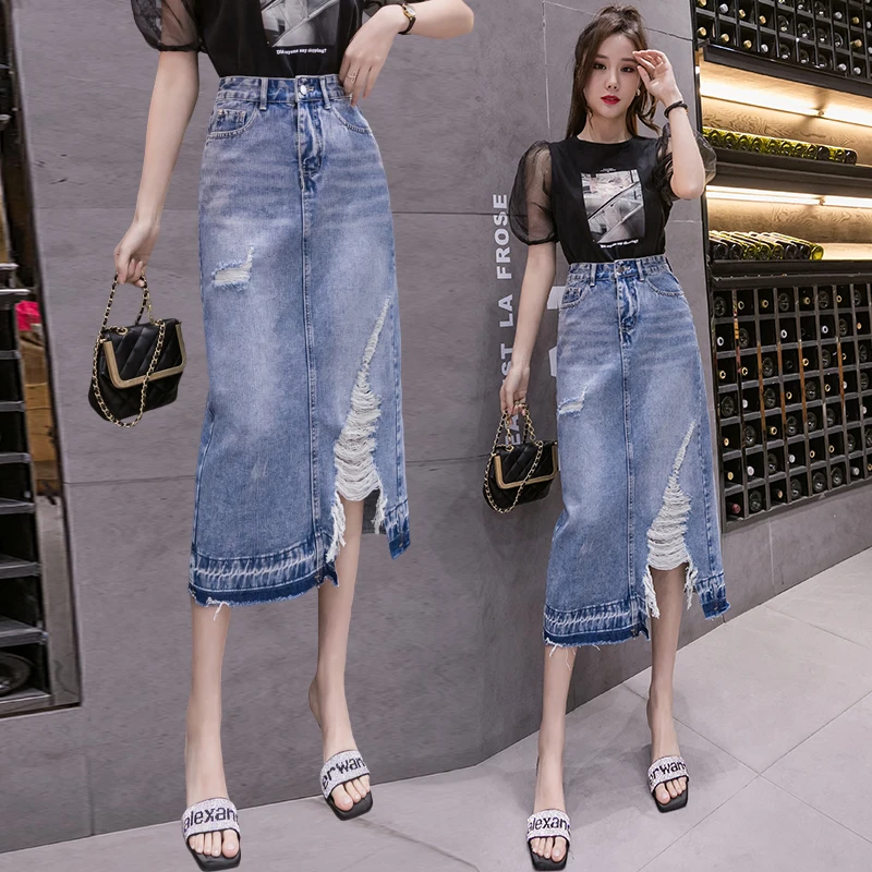 Women High Waist Slim Ripped Cotton Midi Long Jean Skirts New Summer Female Asymmetry Patchwork Beggar Split A-line Denim Skirt