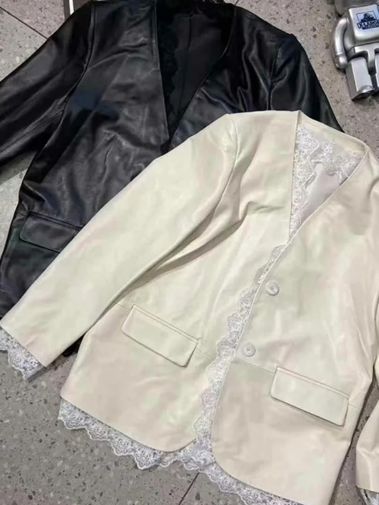 オフィスレディース V ネックシープスキンジャケットシングルブレスト本革カジュアルミッドレングススーツジャケットファッションレーススプライスコート